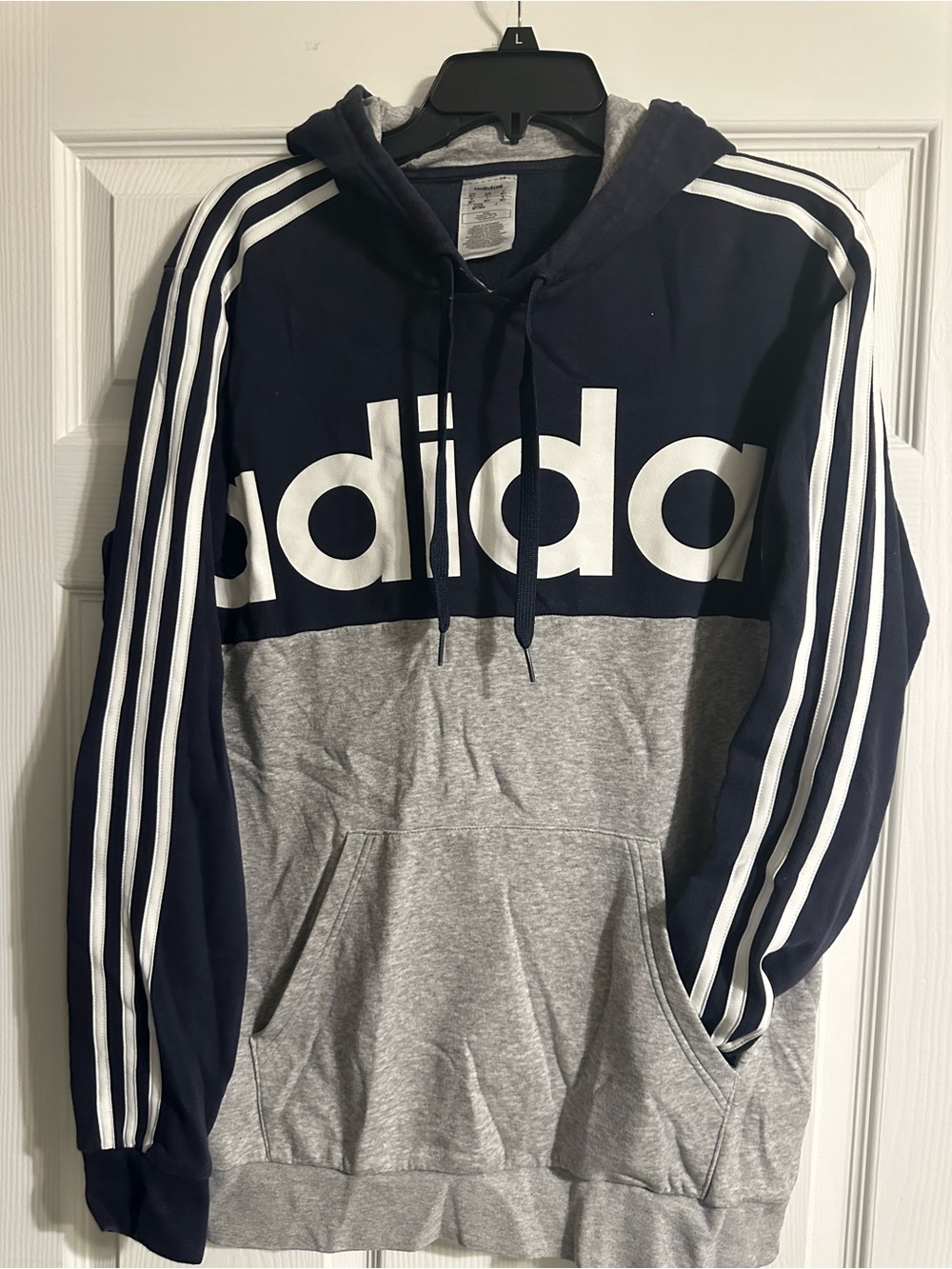 adidas Navy and Gray Pullover Hoodie with Three Stripes